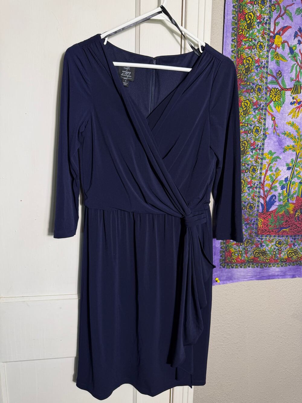 Suzy Chin for Maggy Boutique Dress Size 4 Navy Blue Wrap Style Tie Waist